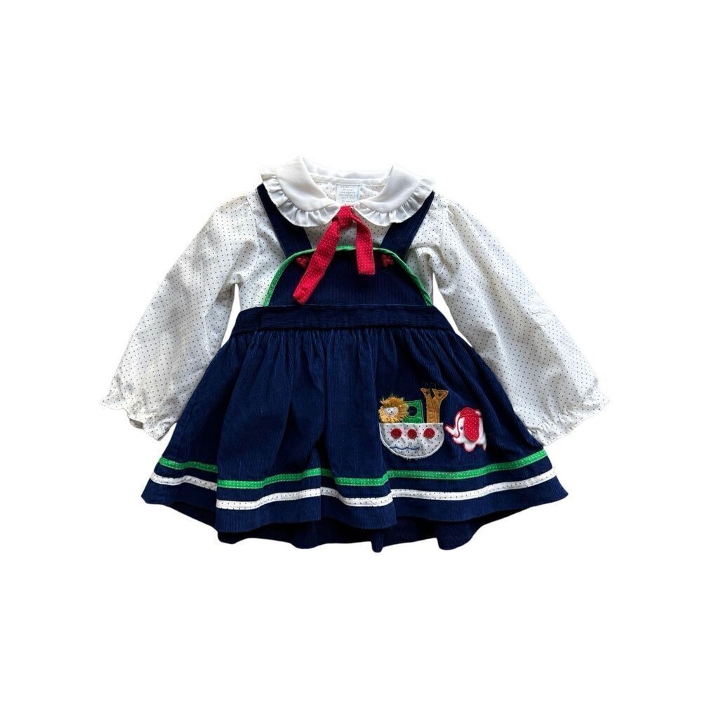 Vintage Baby Girl Navy Blue Corduroy Jumper/Dress & Polka Dot Collard Blouse